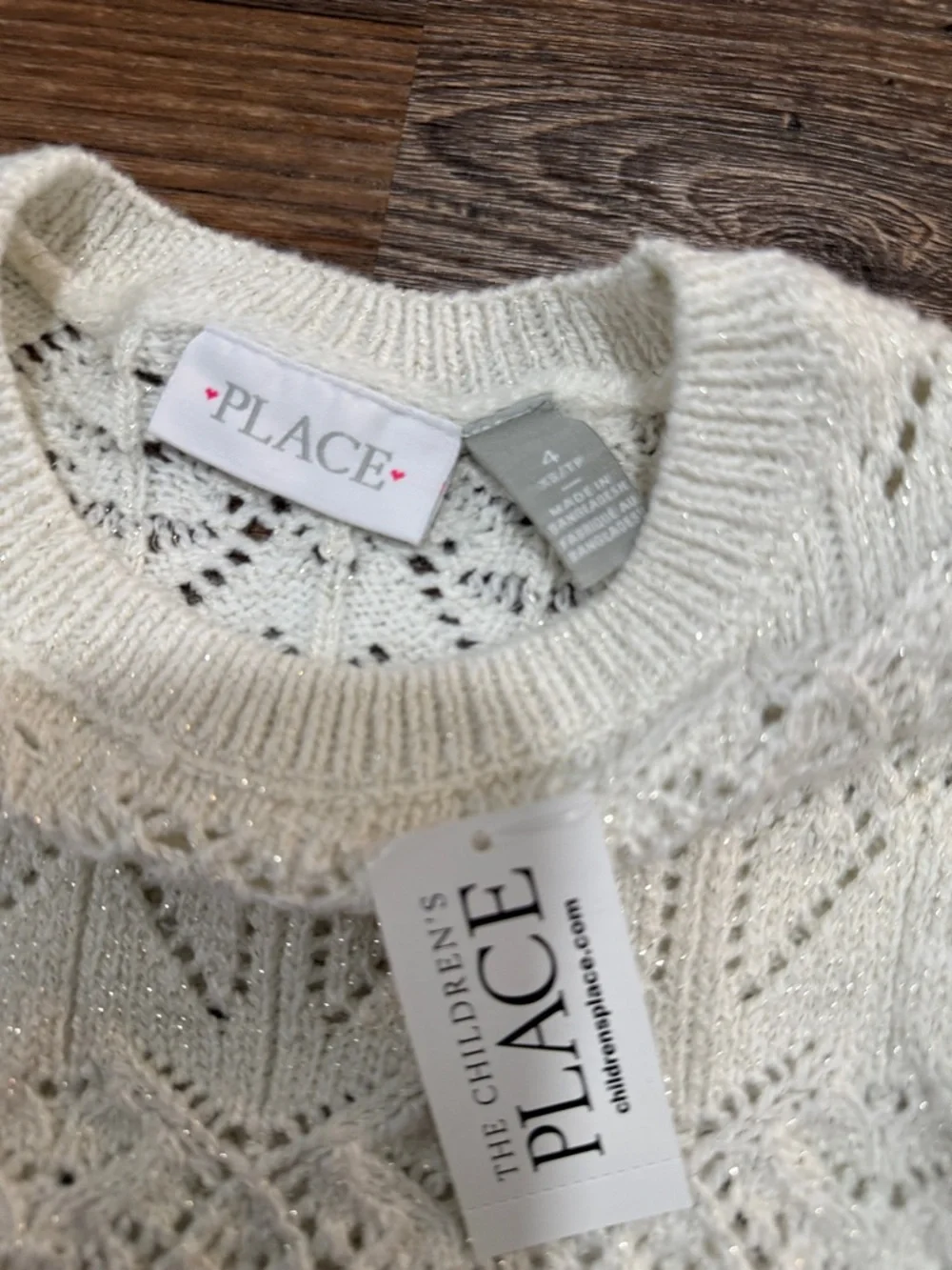 The Children's Place Girls 4 Cream Openwork Glimmer Crewneck Sweater